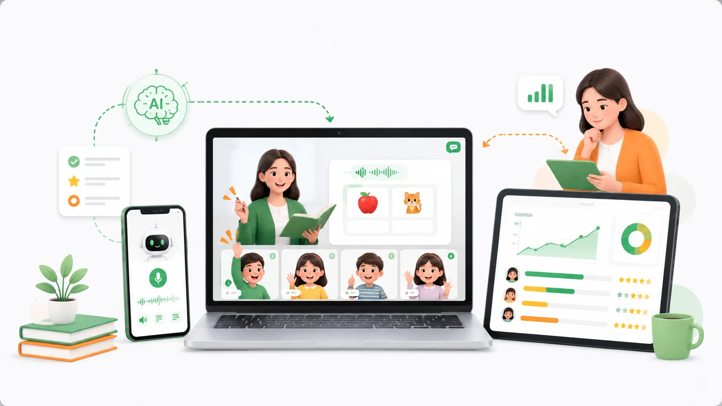 Tampilan kelas live berbantuan AI dan aplikasi Kova Class