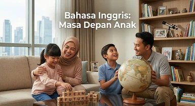 Keluarga Indonesia yang bahagia di ruang tamu apartemen dengan teks "Bahasa Inggris: Masa Depan Anak".