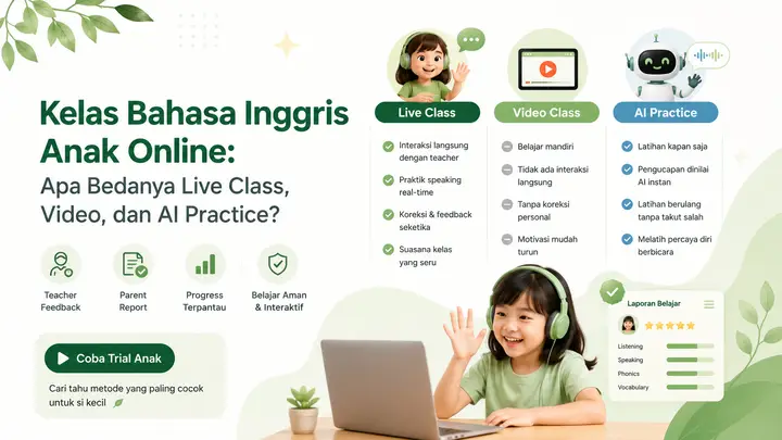 Kelas Bahasa Inggris Anak Online: Apa Bedanya Live Class, Video, dan AI Practice?