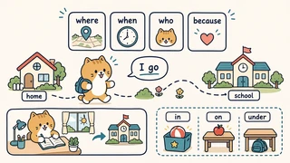Ilustrasi titik belajar "simple present, prepositions, dan wh-questions" untuk Bahasa Inggris SD Indonesia Kelas 4
