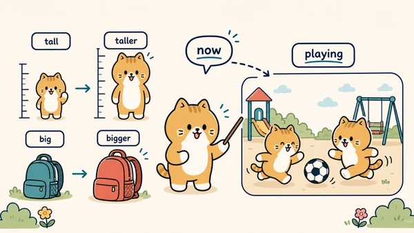 Ilustrasi titik belajar "adjectives, comparatives, dan present continuous" untuk Bahasa Inggris SD Indonesia Kelas 5