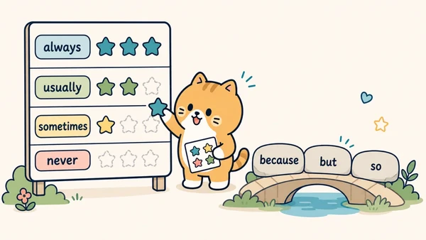 Ilustrasi titik belajar "frequency adverbs, connectors, dan alasan sederhana" untuk Bahasa Inggris SD Indonesia Kelas 5