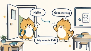 Ilustrasi titik belajar "Bahasa kelas dan sapaan" untuk Bahasa Inggris SD Indonesia Kelas 3