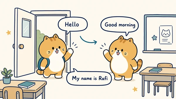 Ilustrasi titik belajar "Bahasa kelas dan sapaan" untuk Bahasa Inggris SD Indonesia Kelas 3