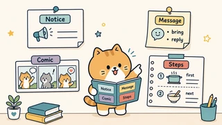 Ilustrasi titik belajar "Pengumuman, pesan singkat, dan cerita bergambar" untuk Bahasa Inggris SD Indonesia Kelas 5