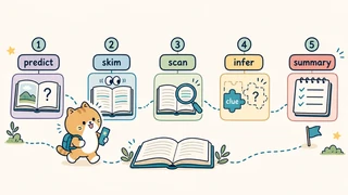 Ilustrasi titik belajar "Strategi membaca: prediksi, skimming, scanning, inferensi" untuk Bahasa Inggris SD Indonesia Kelas 6