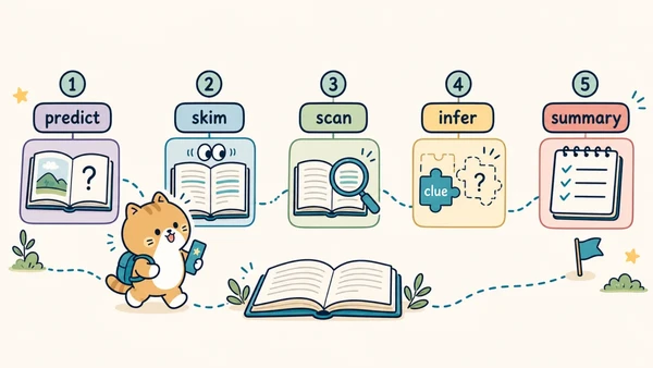 Ilustrasi titik belajar "Strategi membaca: prediksi, skimming, scanning, inferensi" untuk Bahasa Inggris SD Indonesia Kelas 6