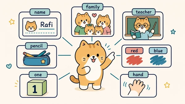 Ilustrasi titik belajar "Diri, keluarga, kelas, angka, warna, dan tubuh" untuk Bahasa Inggris SD Indonesia Kelas 3