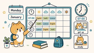 Ilustrasi titik belajar "Mata pelajaran, hari-bulan, waktu, dan rutinitas" untuk Bahasa Inggris SD Indonesia Kelas 4