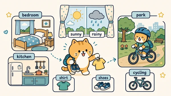 Ilustrasi titik belajar "Rumah, tempat, pakaian, hobi, dan cuaca" untuk Bahasa Inggris SD Indonesia Kelas 4