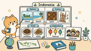 Ilustrasi titik belajar "Alam, budaya Indonesia, perayaan, dan makanan" untuk Bahasa Inggris SD Indonesia Kelas 5