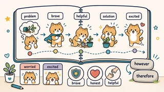 Ilustrasi titik belajar "Cerita, nilai, emosi, dan connectors abstrak" untuk Bahasa Inggris SD Indonesia Kelas 6