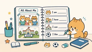 Ilustrasi titik belajar "Kalimat sederhana tentang diri, keluarga, dan sekolah" untuk Bahasa Inggris SD Indonesia Kelas 4