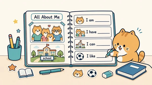 Ilustrasi titik belajar "Kalimat sederhana tentang diri, keluarga, dan sekolah" untuk Bahasa Inggris SD Indonesia Kelas 4