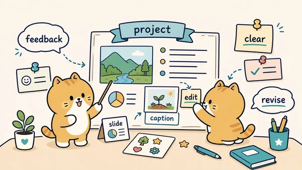 Ilustrasi titik belajar "Presentasi proyek, revisi, dan ekspresi multimodal" untuk Bahasa Inggris SD Indonesia Kelas 6